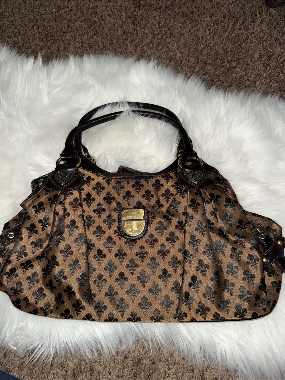Brown Fleur-de-Lis Pattern Satchel Handbag